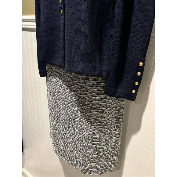 Vtg St John 2pc Skirt Suit Navy Blue Santana Knit Gold Tone Button Jacket Sz 2